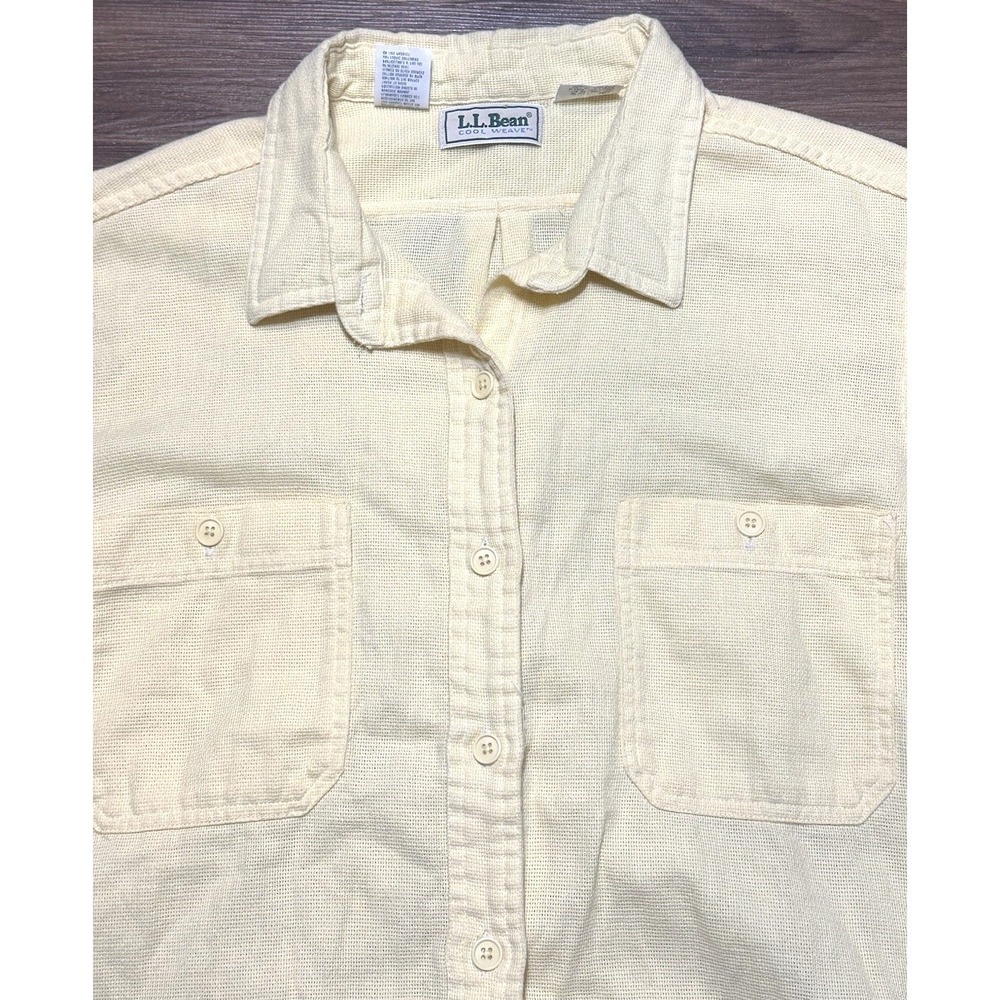 Vintage LL Bean Cool Weave Knit S/S Button Up Shirt Yellow Made in USA Sz XL